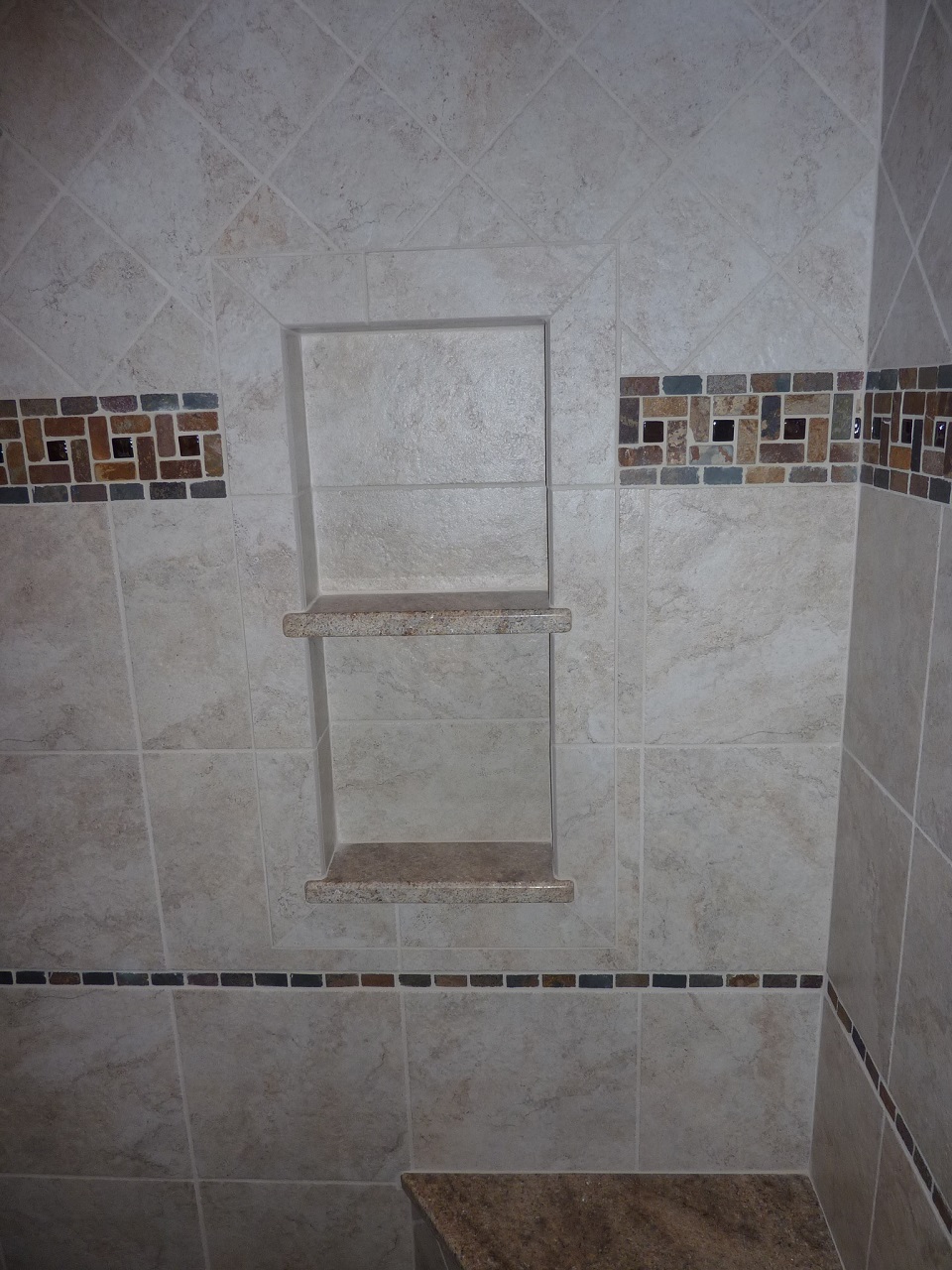 Master bath tile shampoo niche